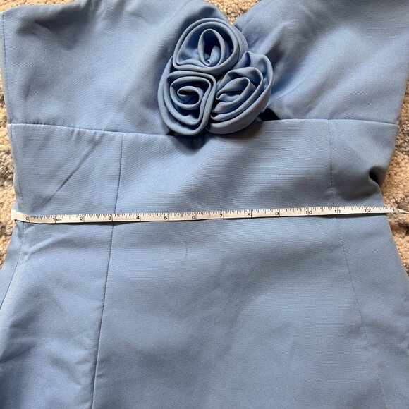 Showpo. Odelle Mini Dress - Tulip Hem Cut Out 3D Floral Dress in Blue - Picture 6 of 9